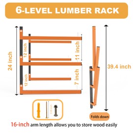 Cyhwealth Lumber Rack Wall Mount, Heavy Duty Wood Storage Racks, 9-Level System Garage Shelving, 1140 Lb Capacity Organizer Shelves, Orange Hanging Shelf For Indoor & Outdoor Use, 6 Pack