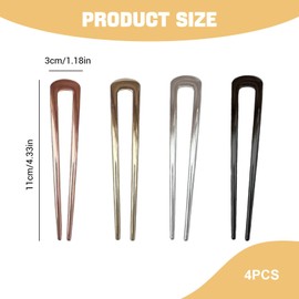 VelvetGlow 4 Piece U-Shaped French Metal Hairpins, Bobby Pins, Long 2-Pronged Sticks for Buns and French Twists, Hair Sticks and Forks in Black, Gold, Silver, Rose Gold