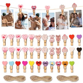 Pack of 35 Mini Clothes Pegs, Wooden Photo Clips, Heart Shape, Tiny Pegs, Pink Colourful Photo Clips, Small Wooden Pegs Mini Clips for Hanging Photos, Wedding Party, Photo Wall DIY Decoration