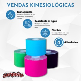 CATGRIPS Kinesiotape, Pack of 4 Rolls Kinesiology Tape for Joints and Muscles, Sports Tape for Injuries, Physiotherapist, Neuromuscular Bandage (Blue+Green+Black+Pink, 4 Tapes x 5 cm)