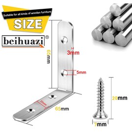 beihuazi® 8 x Angle Connectors Stainless Steel Angle Brackets 65 x 65 mm L Shape Right Angle Stainless Steel Corner Bracket Furniture Angle with 32 Screws for Table Chair Bookshelf Silver