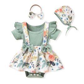 Unutiylo Baby Infant Girls Clothes Cotton Romper Floral Suspender Skirt 3PCS Short Set Short Sleeve Clothing Set 0-3 Months Green
