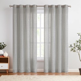 Vangao Linen Blend Stripe Curtains Tickingstripe Light Filtering Window Curtains Black Pinstripe Printed on Beige Drapes 84 Inches Long for Living Room Bedroom Grommet Top 2 Panels