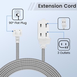 2-Pack 2 Prong Extension Cord 15FT, 90 Degree Plug, SPT-2, Flat Nylon Braided Power Extension Cord With 3 Outlets, Multiple Outlets with Tamper Guard, ETL Listed, Outlet Saver, 16 Gauge Wire, 13A/125V