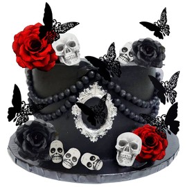 Decoración gótica para tarta con diseño de calavera de rosas hasta la muerte de nosotros, decoración gótica para tarta de mariposa, decoración gótica para bodas, fiestas, decoración de pastel de rosas negras