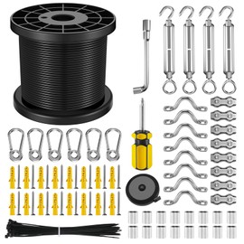 NEREUS String Light Hanging Kit with 164 Ft Vinyl Coated 304 Stainless Steel Cable, String Light Suspension Kit, Guide Wire with Turnbuckles and Hooks for Patio, Backyard Lighting Accessories