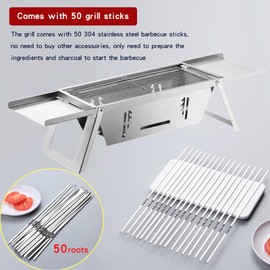 Portable Charcoal Grill, 15-inch Outdoor Small Grill, Folding Stainless Steel 304 Grill for Camping, Backyard, Boat, Comes with 50 Metal Skewers
