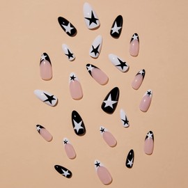 Y2k Press on Nails Almond Medium Length Fake Nails Star Nails French Tip False Nails with Designs Nude Acrylic Nails Black Tip Nails Decoration Black White Tips Manicure Accessories Supplies for Women