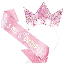 Qwrqwr Birthday Decorations for Girls Pink Headband and Glitter Sash Set Party Supplies Girl Ideas Gift (6th, Pink, One Size)