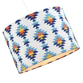Colourful Boho Geometric 12 Inch Drum Lamp Shade in White with Blues and Oranges | Features White Satin Fabric Inner Lining | 20cm x 30cm by Happy Homewares