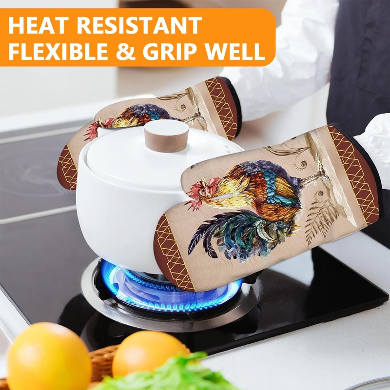 Rooster Oven Mitts and Pot Holders Sets 4Pcs,Extra Long Oven