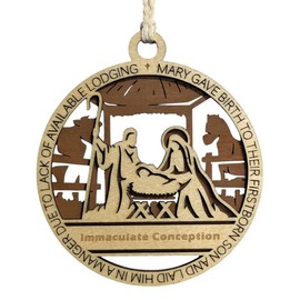 Handcrafted 3.5" Round Wooden Christmas Ornament, 2-Layer Laser Cut Design, Natural & Stained Wood, Featuring Luke 2:7 Manger Scene with Mary, Joseph & Baby Jesus, Personalize with Name, USA Made