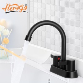 Herogo 2-Handle Centerset Bathroom Faucet Matte Black, Stainless Steel Vanity Sink Faucet 2-3 Hole with Drain Assembly, 360 Swivel Spout and Supply Hose for Farmhouse RV