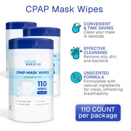 Vive Breathe CPAP Mask Wipes - Cotton Unscented and Waterless Cleaning Cloth for Gentle Cleansing - Natural Disinfective Clean Sanitizing (3 Pack)