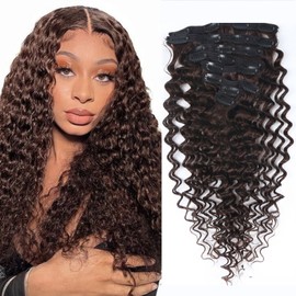 Curly Clip in Hair Extensions Real Human Hair 20inch 120g Invisible & Seamless 100% Brazilian Remy Human Extension Deep Wave Clip ins Extensions Double Weft 8 PCS with 20 Clips #2 Dark Brown