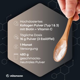 Vitamaze Collagen Pulver (16g) mit Biotin & Vitamin C hochdosiert, Kollagen Hydrolysat Peptide, Geschmacksneutral, Optimale Löslichkeit & Bioverfügbarkeit, Nahrungsergänzung ohne Zusatzstoffe - 480g