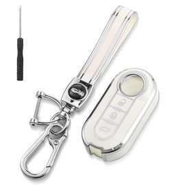 JIZZU TPU Car Key Cover Keychain Compatible with Fiat 500 500C 500L 500X Brava Bravo Doblo, Key Protection Cover Keychain with D-Ring, 3 Buttons Key Fob Case Keychain with TPU Lanyard(White)