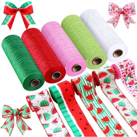 Woanger 10 Rolls 2.5inx7 Yard Watermelon Stripe Wired Edge Ribbon and 10inx10 Yard Watermelon Mesh Ribbon Watermelon Print Summer Picnic Ribbon for Summer DIY Gift Wrapping Crafts Home Wreath Party
