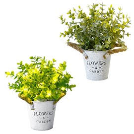 JUNZHEN A Set of 2 Fake Eucalyptus Plants with Lights, Indoor Artificial Green Small Potted Decorations, Suitable for Dining Tables, Offices, Rooms, bathrooms, and Kitchen Decor.