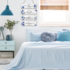 HPNIUB Blue Flower Wall Decor For Bedroom, Dream Big Wooden Inspirational Quote Wall Art Decorations for Living Room Bathroom, Rustic Family Positive Wooden Farmhouse Home Decor