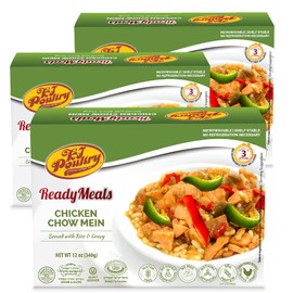 KJ Poultry Kosher Ready Meals - Chicken Chow Mein, MRE Meat Meals Ready to Eat, Gluten Free, Halal, (3 Pack) Prepared Entree Fully Cooked, Shelf Stable Microwave Dinner Travel Military Camping