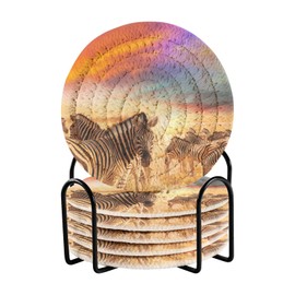 Bar Coaster for Drinks, Coil Woven Coasters Holder Pad 3.94 in Diameter for Mugs Thickness of 0.24 in with Metal Rack Print Zebra Group in Desert On Sunset Colorful Sky