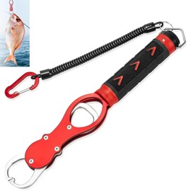 YUWENW フィッシュグリップ 魚掴み器 1個セット 360度水平回転式 釣り道具 計量機能付き フィッシュキャッチャー 魚つかみ コンパクト 紛失防止 池釣り 海釣り 打孔 便利 夜間 滑り止め 滑り止め 釣り具 尻手ロープ付き （赤）