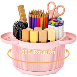 360 Degree Rotating Desk Organizer, Pencil Pen Holder with 5 Compartments and Tray Accessories, Desktop Supplies Organizers, Smooth Rotating Pen Holder Apply for Home, Office, School (Pink)
