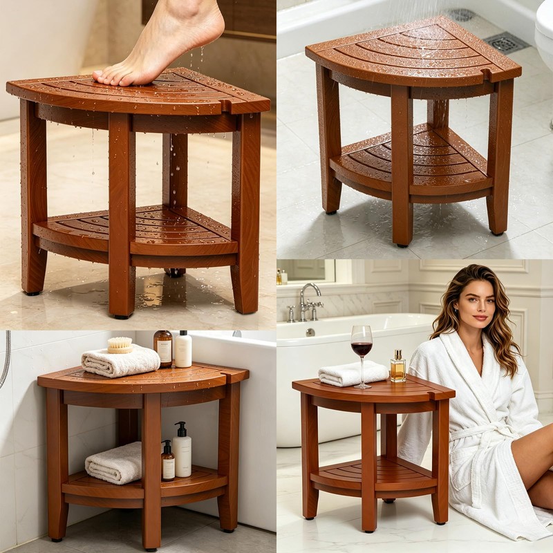 Blodhm Teak 18" Corner Shower Bench Stool for Inside Shower