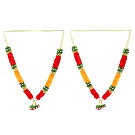 Set of 2 Mala Artificial Flowers Mala Ribbon Garland Haar Mala for Idol-Mala for God Statues Accessories Pooja Sringar Articles Ornament for Indian Traditional Festival (Size:-10")(Red, Orange)