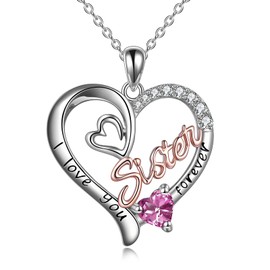WINNICACA Sister Pendant Sterling Silver I Love You Forever Necklace Birthstone Pendant Jewellery for Women Sister Friend Birthday Gifts, Sterling Silver, Cubic Zirconia