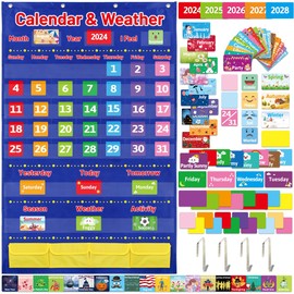Fancy Land Calendar and Weather Pocket Chart for Kids with 136 Cards Classroom Calendar Pocket Chart School Homeschool Calendar Classroom Supplies Large 44.5" x 28.3"
