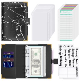 Hnogri Budget Binder with Zipper Envelopes, A6 Money Saving Binder Cash Envelopes for Budgeting, PU Leather Budget Planner Money Organizer for Cash Bills, Floral Budget Wallet for Women, Black Marble