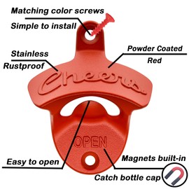 Luwanburg Red Cheers Bottle Opener Wall Mounted Magnetic Beer Cap Opener Cooler Mounted for Post Table