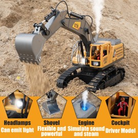 KASQERT 1:14 Remote Control Excavator Toys for Boys,14 Channel RC Digger Construction Toys Tractor,Simulated Smoke, Sound, Lighting, Metal Digging Head, for Boys 6 7 8 9 10 11 12