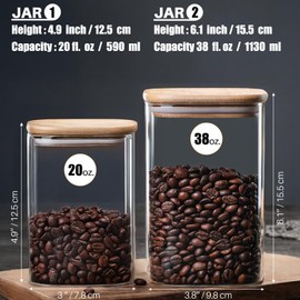 HomeyHoney 38 oz Glass Food Storage Jars with Airtight Lids, Clear Glass Jar with Bamboo Lid, Airtight Food Canister for Tea, Candy, Coffee, Sugar, Cookie, Snack. (Square | 5+6 Inch)