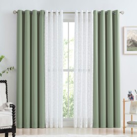 Jubilantex Green Blackout Curtains Leaf Sheer Lace 2 Panels & 2 Full Blackout Curtains 100 Percent Room Darkening Curtains for Bedroom Living Room Grommet Top,52" W x 63" L,Green & White