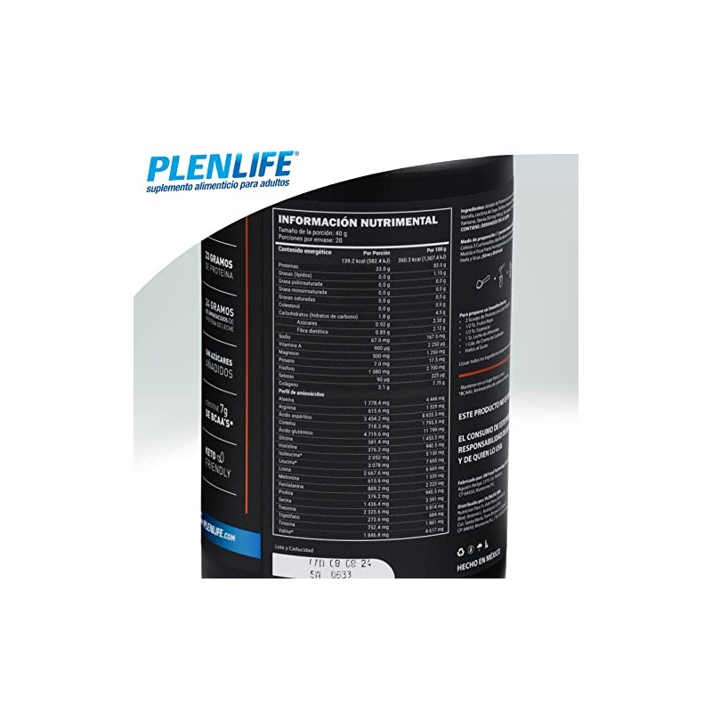PLENLIFE Proteína en polvo baja en carbohidratos sabor vainilla, 800
