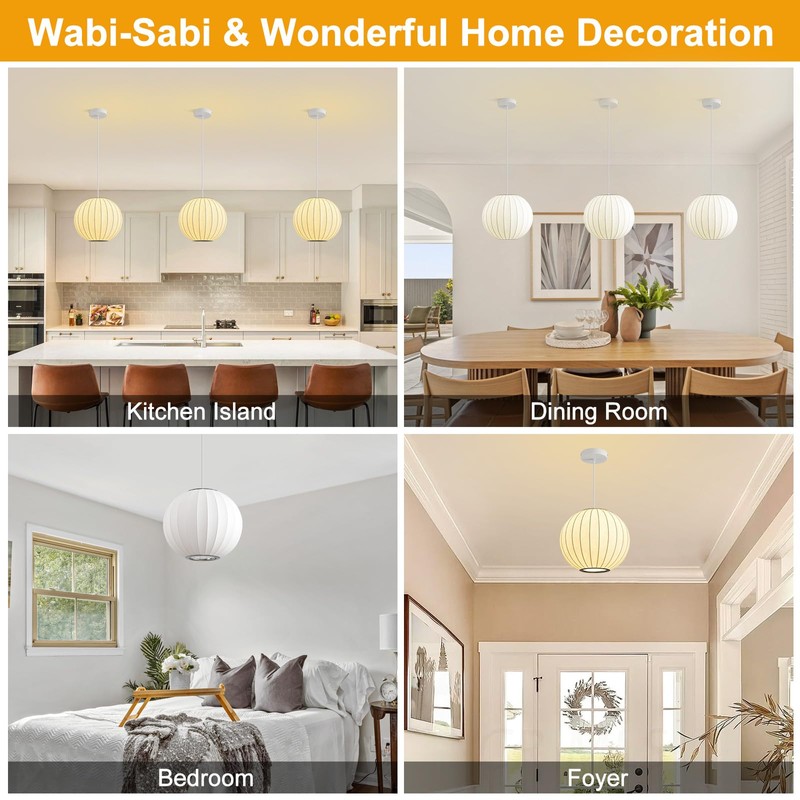 Fivemengo Globe Silk Pendant Light 11.8in Small, White Imitation Silk