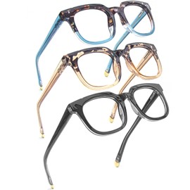 Glarollirace 3 Pack Womens Square Reading Glasses, Designer Style Computer Blue Light Blocking Quality Spring Hinge Readers （Black/Blue/Champagne1.5）