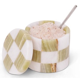 MARBLORE Marble Salt Cellar with Lid & Spoon, White & Green, 3 Inch