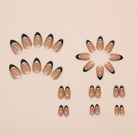 Black French Tip Press on Nails Short Almond Fake Nails with Designs Gold Line Glue on Nails Glossy Shiny Artificial Nails Full Cover Acrylic Stick on Nails for Women Girl Manicure 24 Pcs