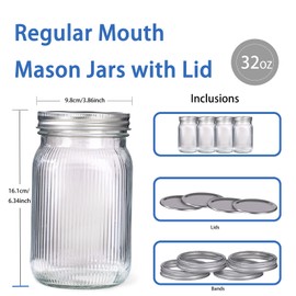 MirthMood Wide Mouth Mason Jars 32 oz with Lids, Canning Jars with Metal Airtight Lids, Quart Mason Jars for Fermenting, Pickling, Freezing, Preserving, Meal Prep, Jar Décor[6 Pack]