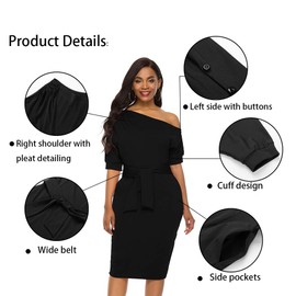 Nature Comfy Elegant Womens Wear to Work Casual one Shoulder Belted Pencil Dress with Pockets (2XL, Classic Black)