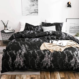 Nanko Black King Size Duvet Cover Set, Dark Marble Print Pattern 3 Pieces 104x90 Luxury Microfiber Bedding Quilt Comforter Cover with Zipper, Ties - Modern Farmhouse Bed Sets for Men and Women Teen