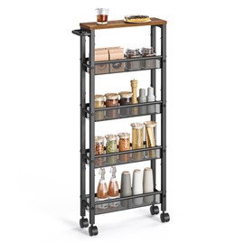 VASAGLE Slim Rolling Cart, 5-Tier Storage Cart, Narrow Carts with Handle, 5.1 Inches Deep, Metal Frame, for Kitchen, Dining Room, Living Room, Home Office, Rustic Brown and Classic Black ULRC034B01