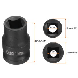 HARFINGTON 2pcs 4 Point Square Socket 1/2" Drive 10mm Metric Square Impact Socket CR-MO Blackening Standard Wheel Sockets Pneumatic Socket Tool for Auto Repair Mechanical Maintenance Home Use