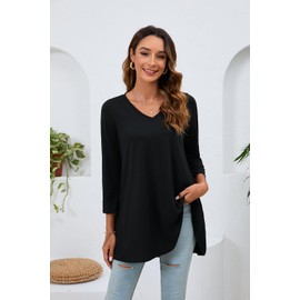 Enmain Tunic Tops for Women UK Black Womens Plus Size Tops 3/4 Length Sleeve Ladies Tunics Longline Casual Loose Fit V Neck Blouse for Leggings L