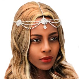 Jovono Rhinestone Head Chain Silver Bride Wedding Headpieces Floral Hair Chain Festival Costume Hair Accessories for Women and Girls (Set-4)