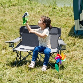 Busy Bee Kids Camping Chair, 30.3" Wide Loveseat, Perfect Kids Couch for Home Movie Nights, Patios, or Picnics, Adjustable Arms, Cup Holders and Anti-Collapse Lock, Supports up to 300 Lbs.